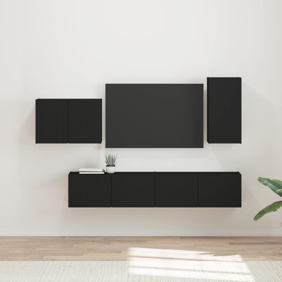 vidaXL TV Wandkast Set Wandgemonteerd 4 pcs Zwart Bewerkt hout afbeelding 1