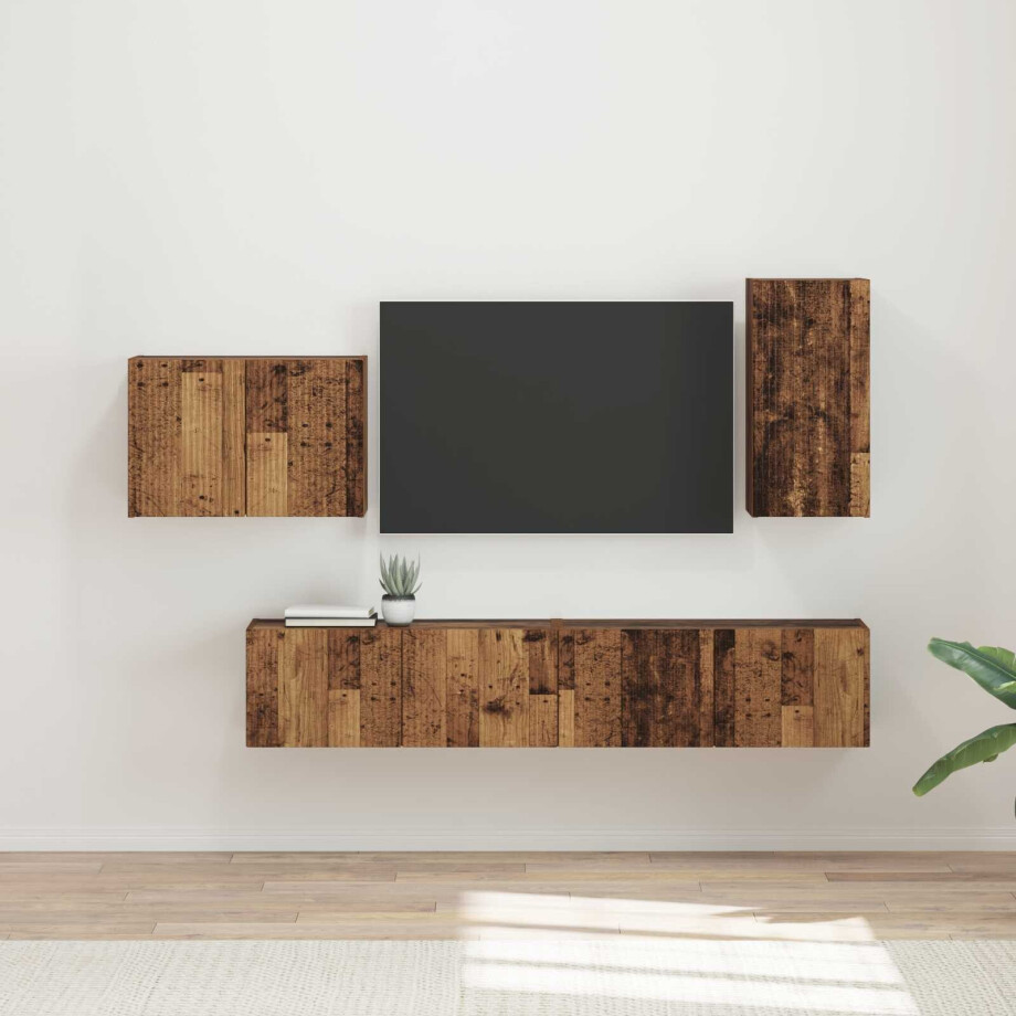 vidaXL TV Wandkast Set Wandgemonteerd 4 pcs Oudhout Bewerkt hout afbeelding 1