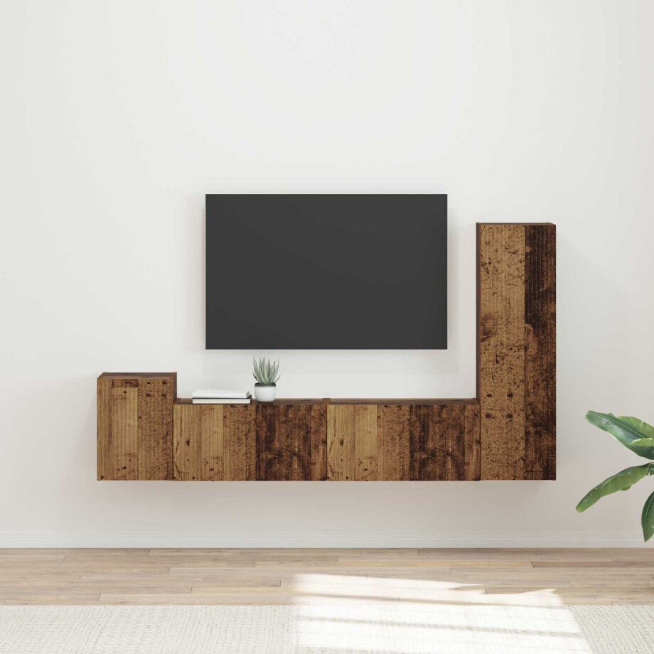 vidaXL Tv-meubelset Wandgemonteerd 4 pcs Oudhout Bewerkt hout afbeelding 1