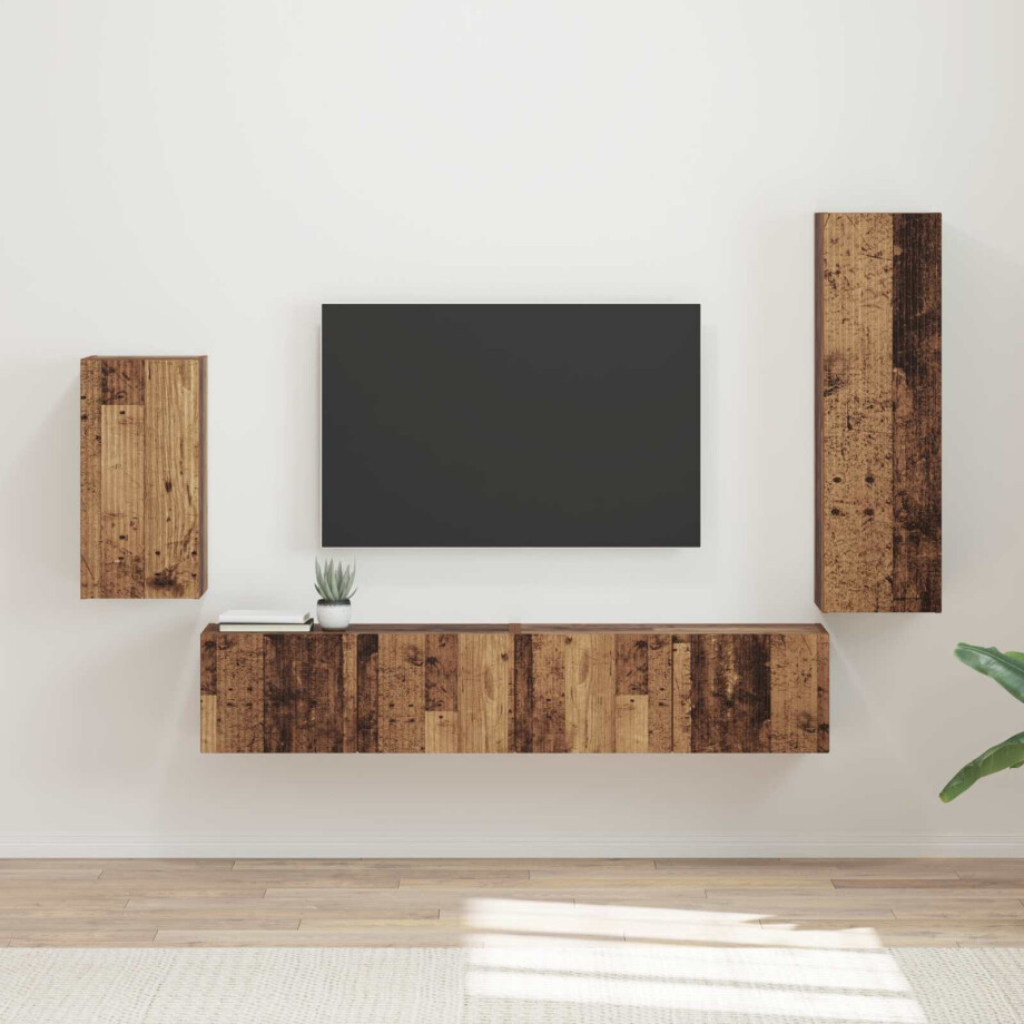 vidaXL Tv-meubelset Wandgemonteerd 4 pcs Oudhout Bewerkt hout afbeelding 1