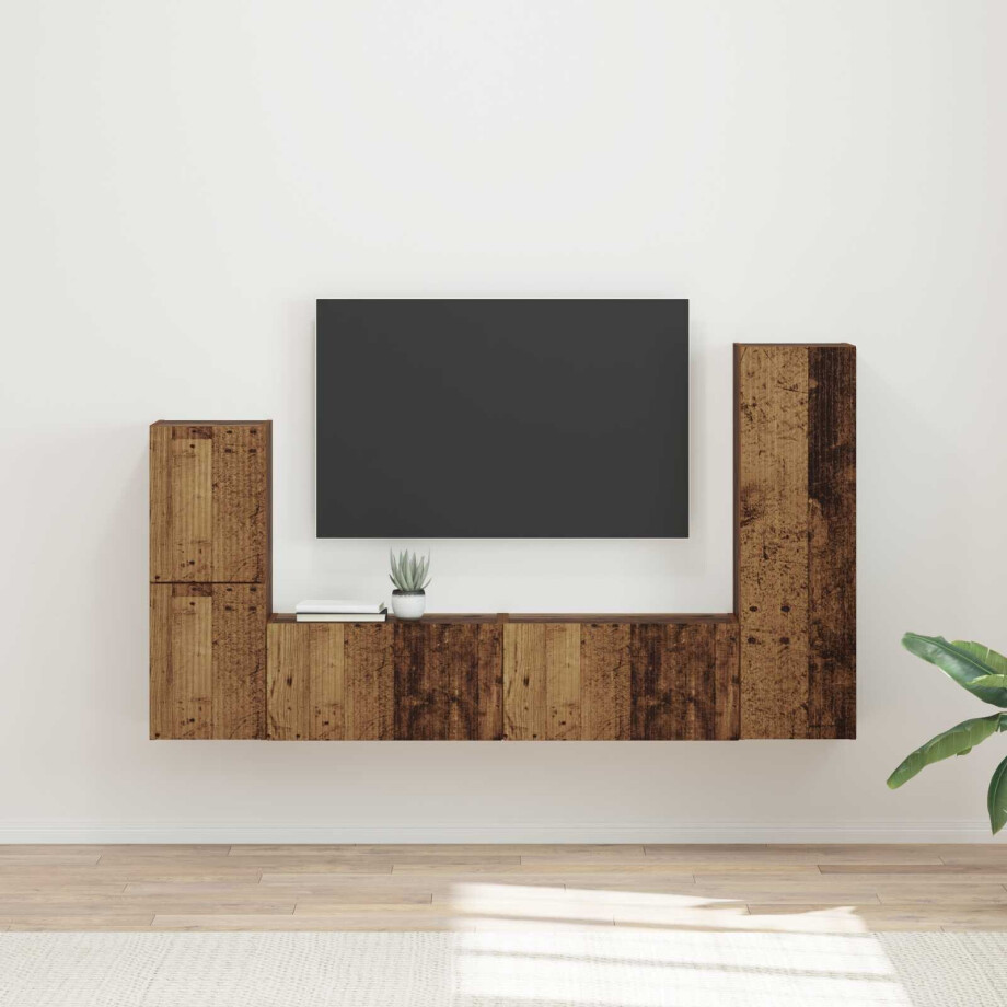 vidaXL Tv-meubelset Wandgemonteerd 4 pcs Oudhout Bewerkt hout afbeelding 1