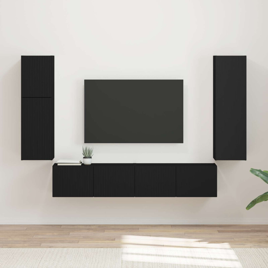 vidaXL Tv-meubelset Wandgemonteerd 4 pcs Zwart Bewerkt hout vidaXL Tv-meubelset Wandgemonteerd 4 pcs Zwart Bewerkt hout afbeelding 1