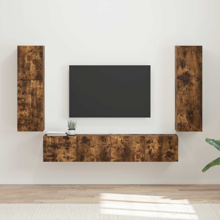 vidaXL Tv-meubelset Wandgemonteerd 4 pcs Gerookt eiken Bewerkt hout vidaXL Tv-meubelset Wandgemonteerd 4 pcs Gerookt eiken Bewerkt hout afbeelding 1