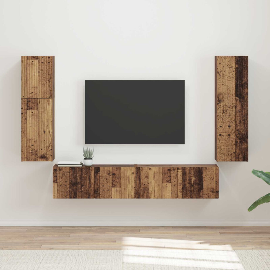 vidaXL Tv-meubelset Wandgemonteerd 4 pcs Oudhout Bewerkt hout afbeelding 1