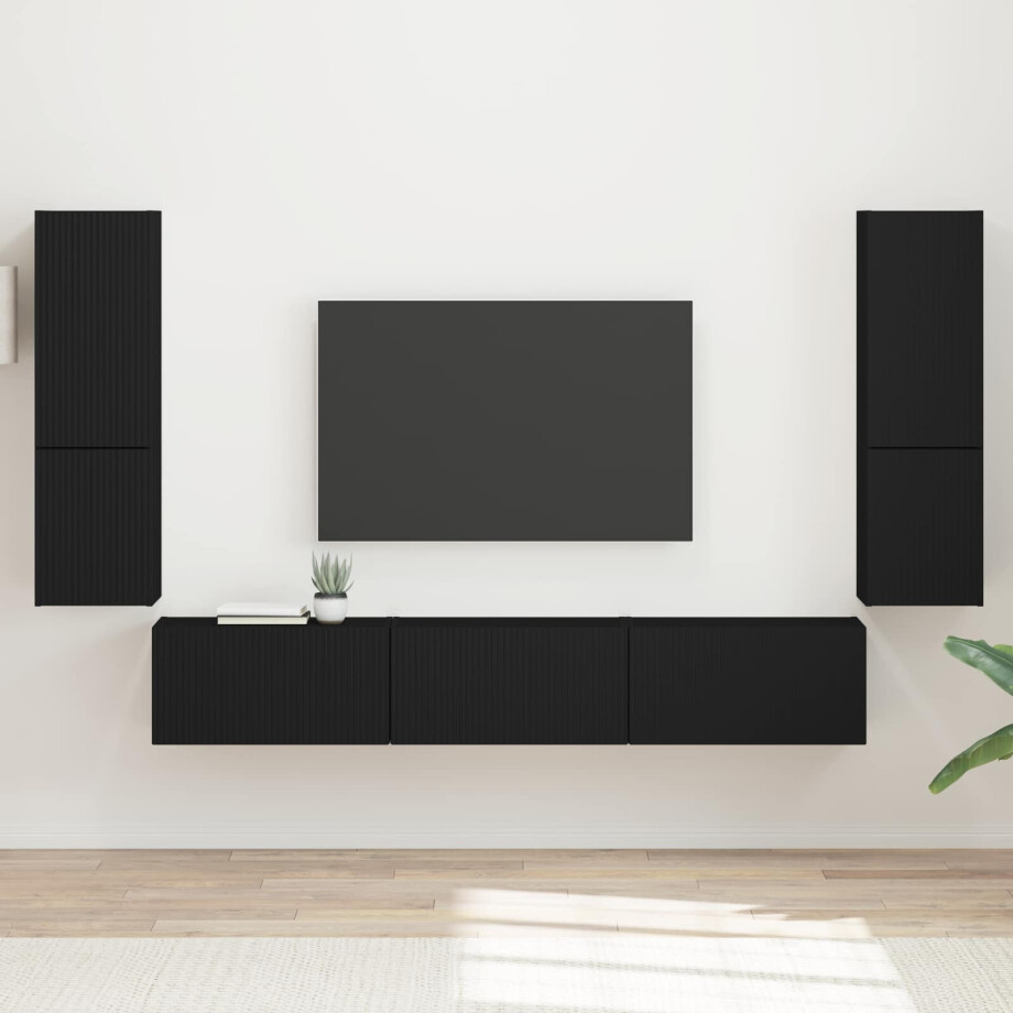 vidaXL Tv-meubelset Wandgemonteerd 4 pcs Zwart Bewerkt hout vidaXL Tv-meubelset Wandgemonteerd 4 pcs Zwart Bewerkt hout afbeelding 1