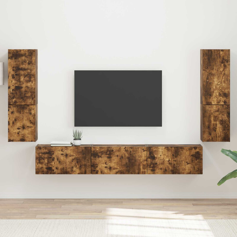 vidaXL Tv-meubelset Wandgemonteerd 4 pcs Gerookt eiken Bewerkt hout vidaXL Tv-meubelset Wandgemonteerd 4 pcs Gerookt eiken Bewerkt hout afbeelding 1