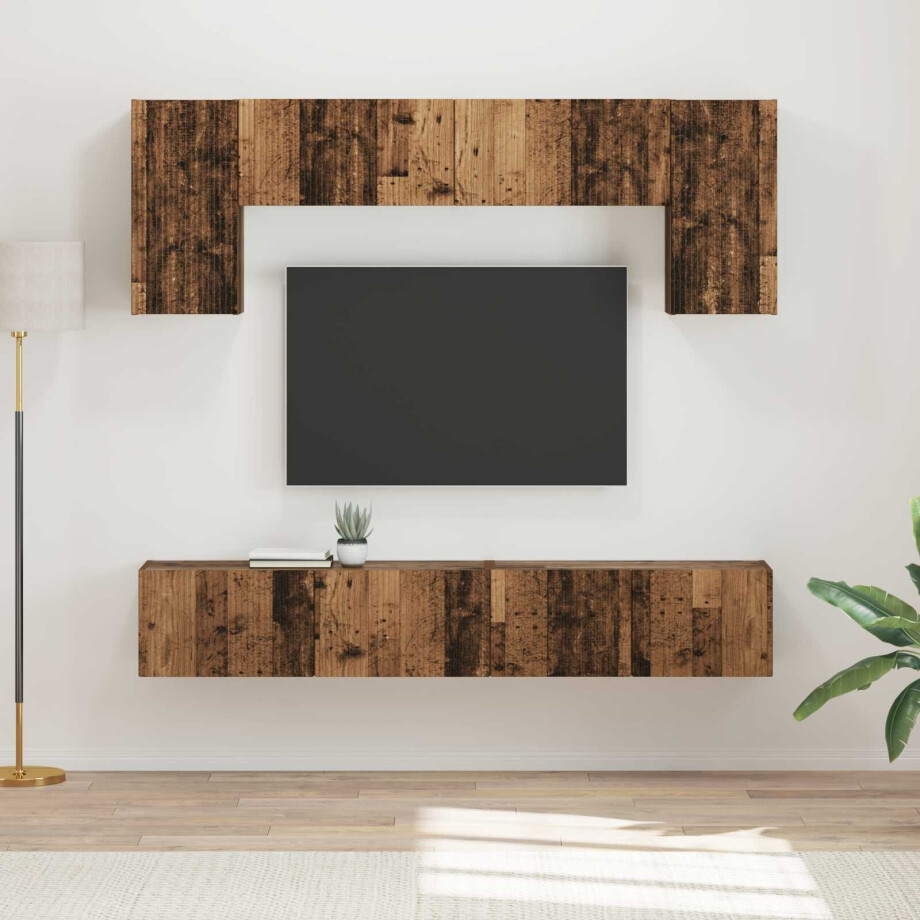 vidaXL Tv-meubelset Wandgemonteerd 4 pcs Oudhout Bewerkt hout afbeelding 1