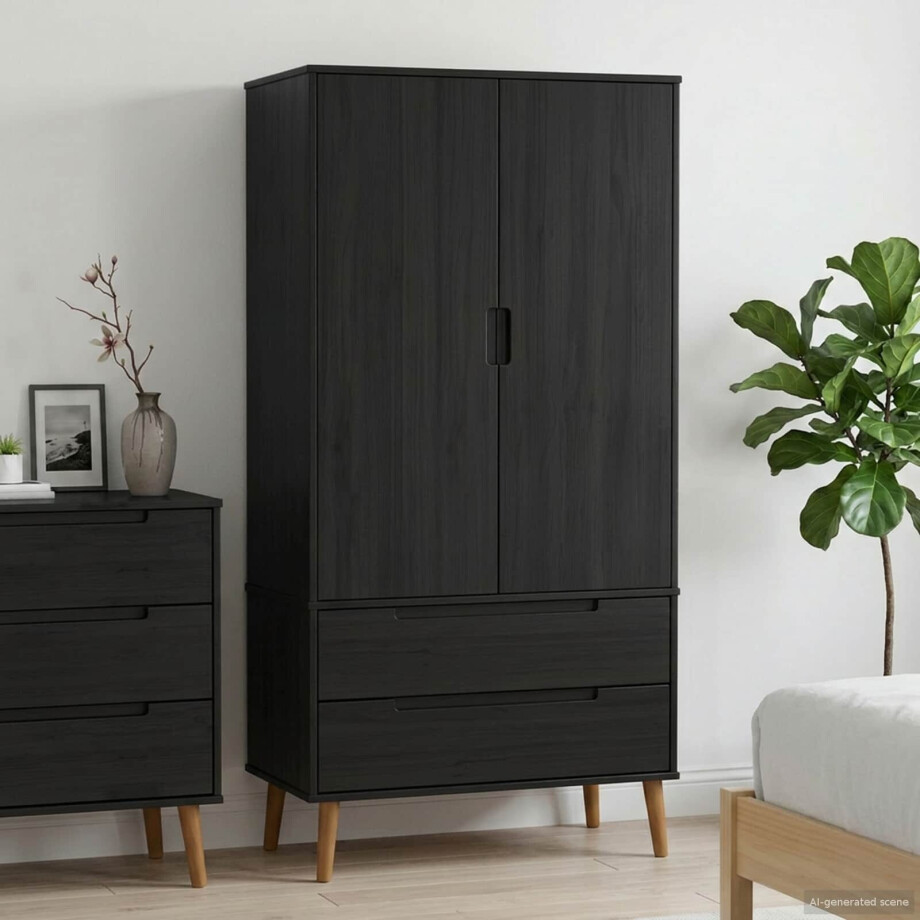 vidaXL Kledingkast MOLDE Zwart 90 x 55 x 175 cm Massief grenenhout afbeelding 1