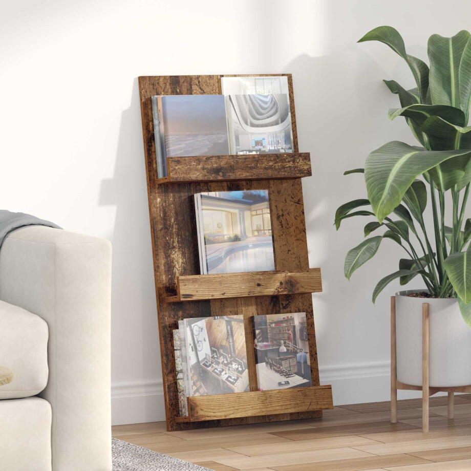 vidaXL Tijdschrift Rek met plank Oudhout 51 x 11 x 102 cm Bewerkt hout afbeelding 1