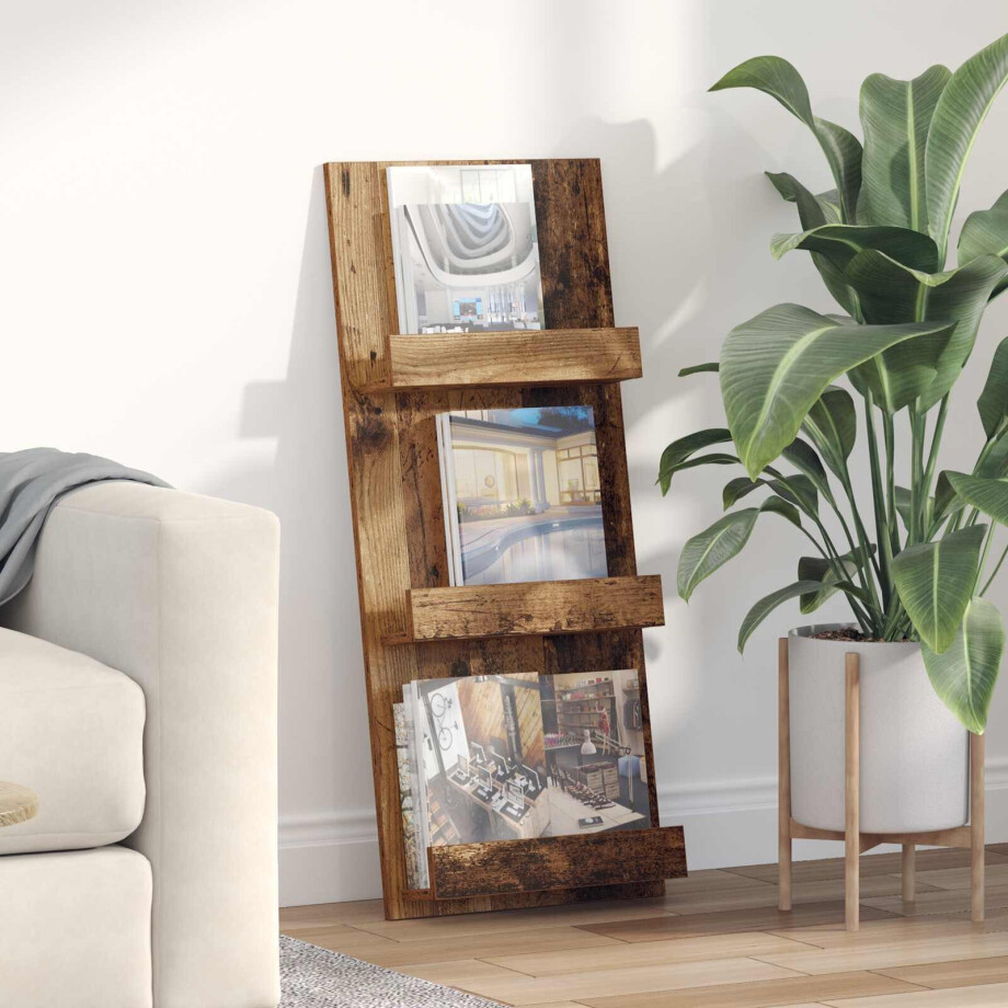 vidaXL Tijdschrift Rek met plank Oudhout 43 x 11 x 102 cm Bewerkt hout afbeelding 1