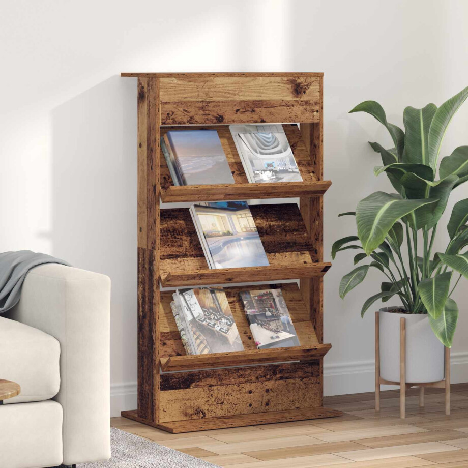 vidaXL Tijdschrift Rek met plank Oudhout 70 x 41 x 126 cm Bewerkt hout afbeelding 1