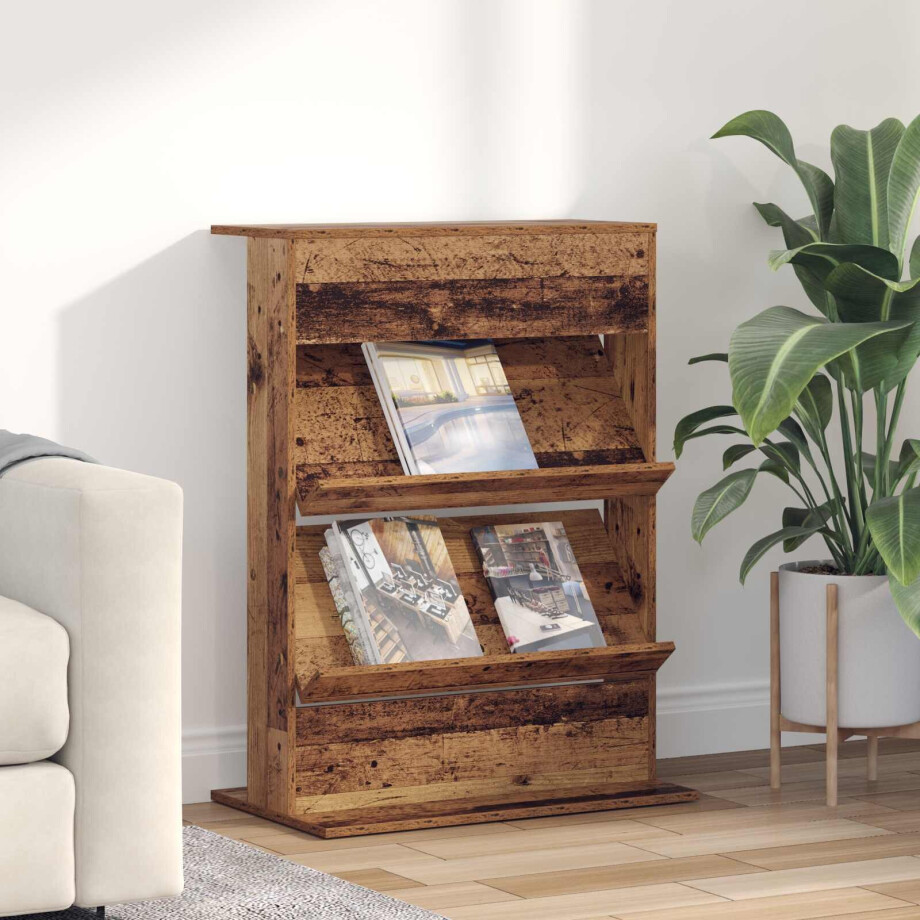 vidaXL Tijdschrift Rek met plank Oudhout 70 x 41 x 96 cm Bewerkt hout afbeelding 1