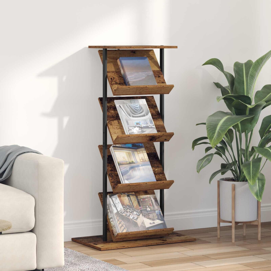 vidaXL Tijdschrift Rek Oudhout 68 x 40 x 123.5 cm Bewerkt hout afbeelding 1