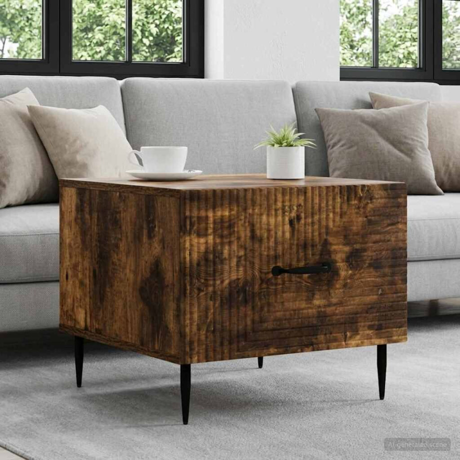 vidaXL Salontafel met lade Gerookt eiken 49 x 50 x 40 cm Bewerkt hout afbeelding 1
