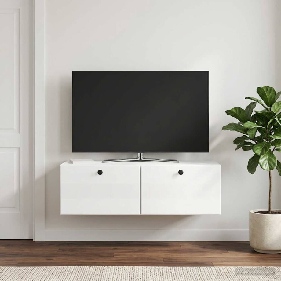 vidaXL Wandbeugel TV-kast 98 x 41 x 30 cm Hoogglans Wit Bewerkt hout afbeelding 1