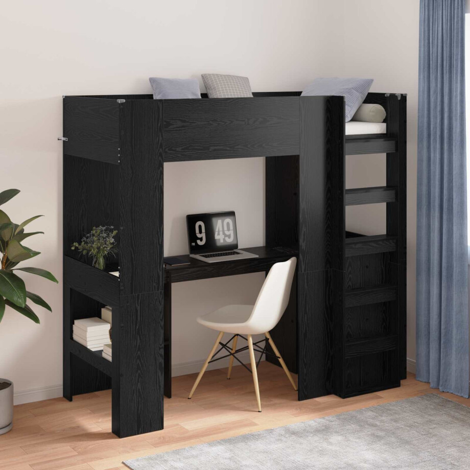 vidaXL Loft Bedframe met Bureau Zwart Eiken 75 x 190 cm Bewerkt hout afbeelding 1