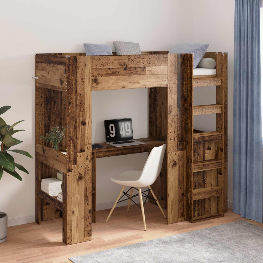 vidaXL Loft Bedframe met Bureau Oudhout 75 x 190 cm Bewerkt hout vidaXL Loft Bedframe met Bureau Oudhout 75 x 190 cm Bewerkt hout afbeelding 1