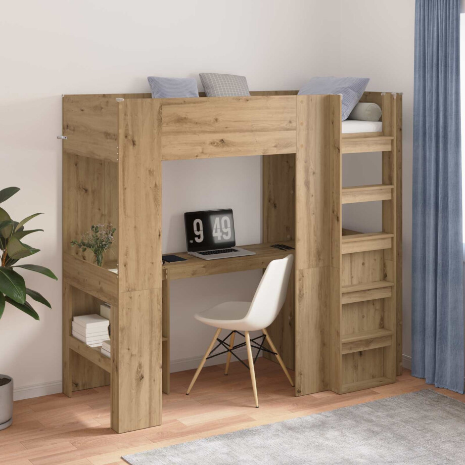 vidaXL Loft Bedframe met Bureau Artisan Eiken 75 x 190 cm Bewerkt hout afbeelding 1