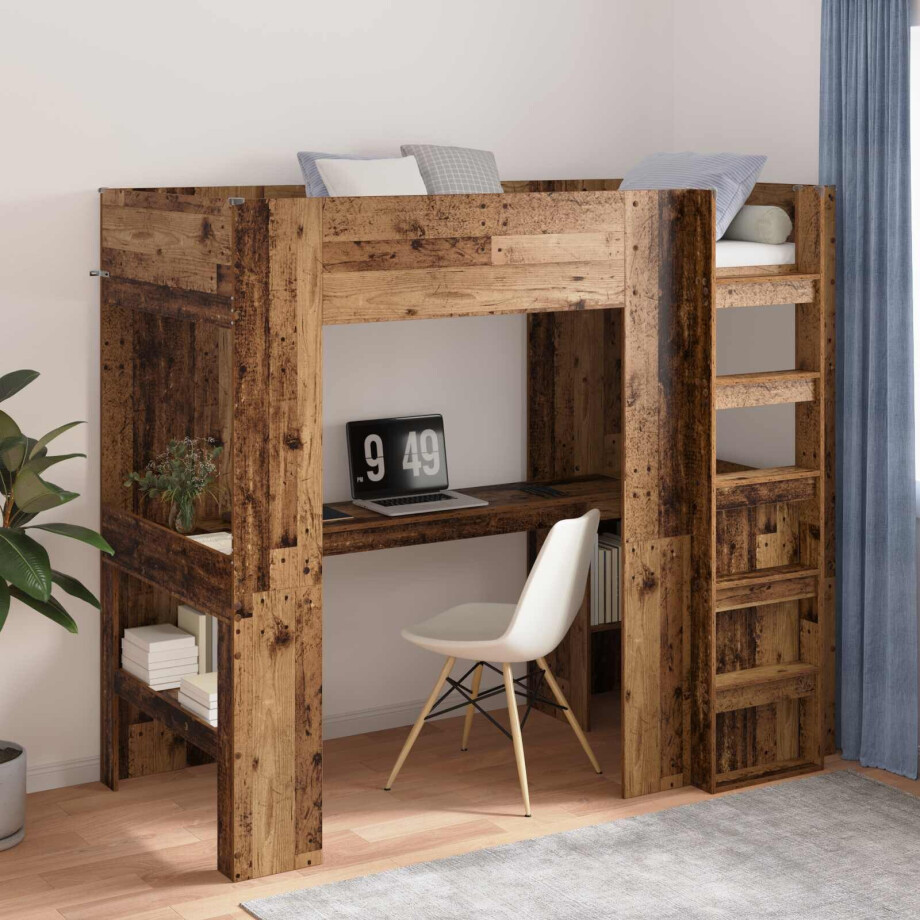 vidaXL Loft Bedframe met Bureau Oudhout 90 x 190 cm Bewerkt hout vidaXL Loft Bedframe met Bureau Oudhout 90 x 190 cm Bewerkt hout afbeelding 1