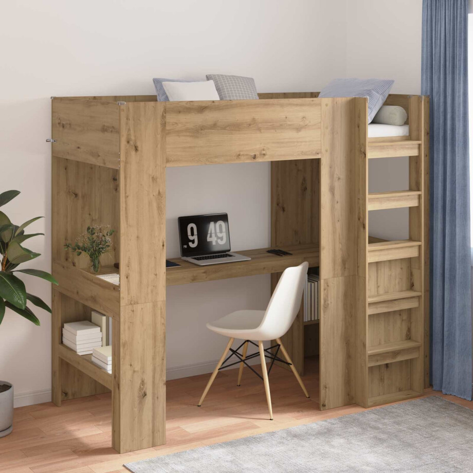 vidaXL Loft Bedframe met Bureau Artisan Eiken 90 x 190 cm Bewerkt hout vidaXL Loft Bedframe met Bureau Artisan Eiken 90 x 190 cm Bewerkt hout afbeelding 1