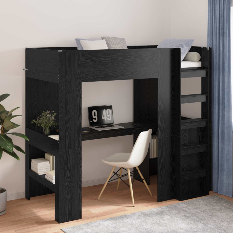 vidaXL Loft Bedframe met Bureau Zwart Eiken 100 x 200 cm Bewerkt hout afbeelding 1