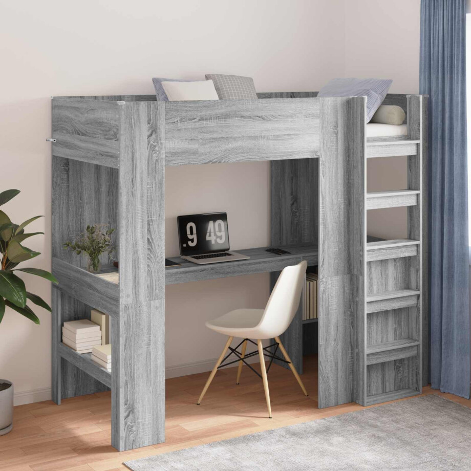 vidaXL Loft Bedframe met Bureau Grijs Sonoma 100 x 200 cm Bewerkt hout vidaXL Loft Bedframe met Bureau Grijs Sonoma 100 x 200 cm Bewerkt hout afbeelding 1