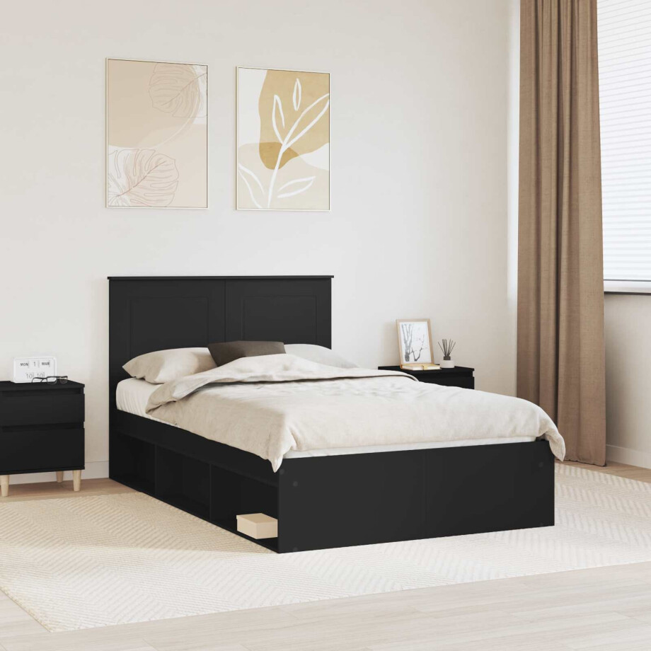 vidaXL Bedframe met hoofdeinde Zwart 135 x 190 cm Massief grenenhout afbeelding 1