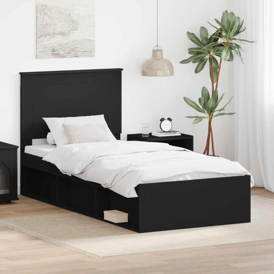 vidaXL Bedframe met hoofdeinde Zwart 100 x 200 cm Massief grenenhout afbeelding 1