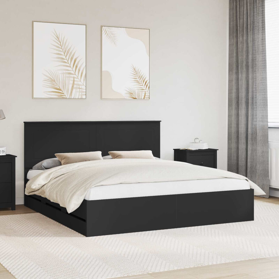 vidaXL Bedframe met lade met opslag Zwart 200 x 200 cm Ingenieurshout afbeelding 1