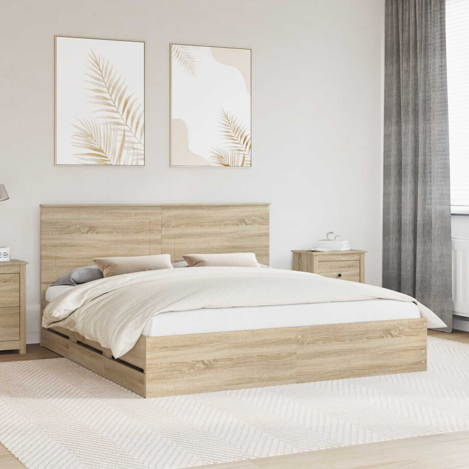vidaXL Bedframe met lade Sonoma Eiken 200 x 200 cm Ingenieurshout afbeelding 1