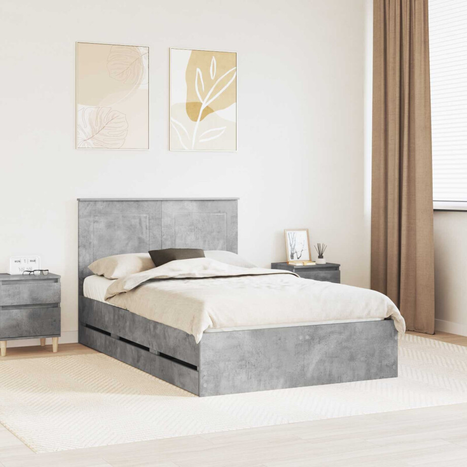 vidaXL Bedframe met lade Beton Grijs 135 x 190 cm Ingenieurshout afbeelding 1