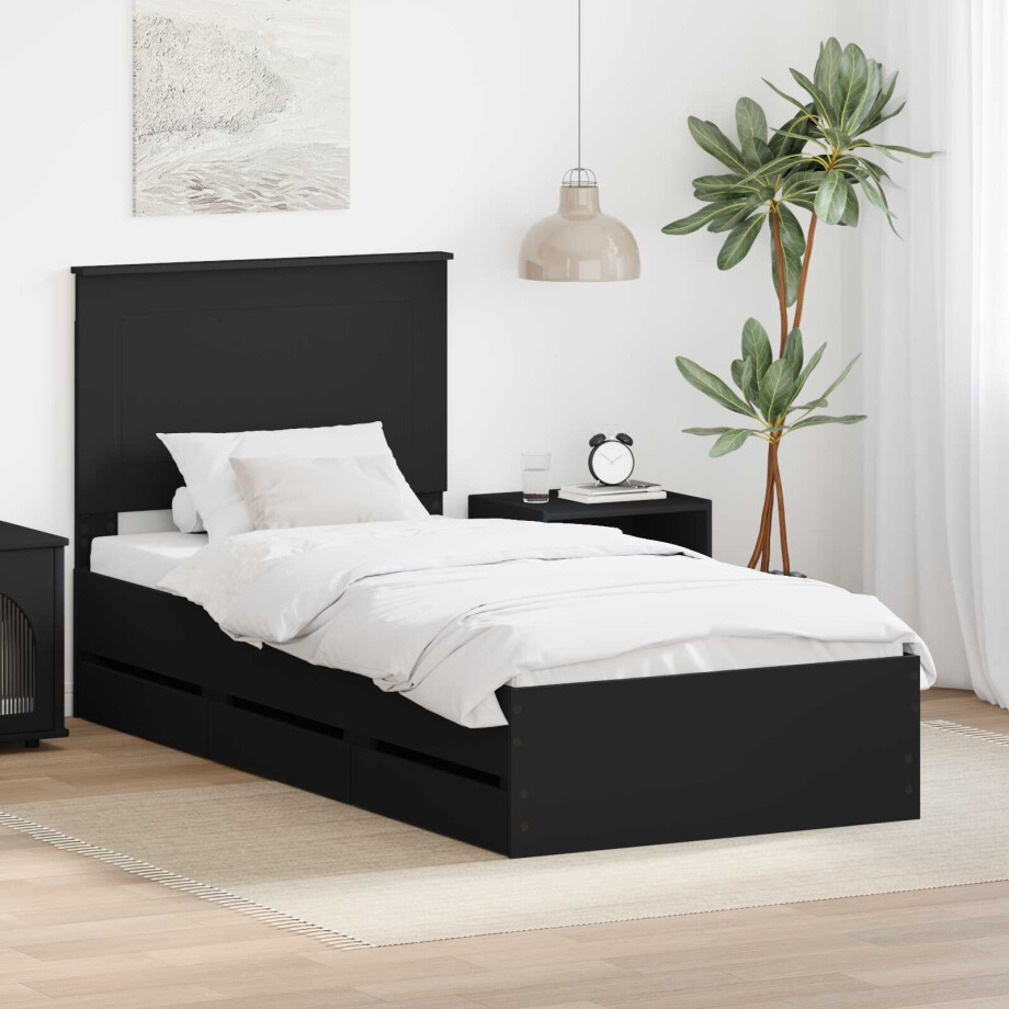 vidaXL Bedframe met lade met opslag Zwart 75 x 190 cm Ingenieurshout afbeelding 1