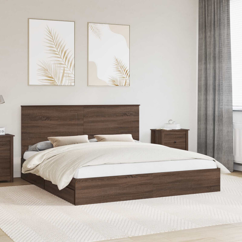 vidaXL Opslag bed met hoofdeinde Bruin Eiken 200 x 200 cm Bewerkt hout vidaXL Opslag bed met hoofdeinde Bruin Eiken 200 x 200 cm Bewerkt hout afbeelding 1