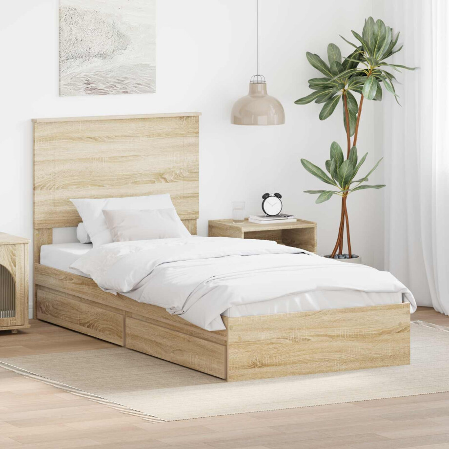 vidaXL Opslag bed met hoofdeinde Sonoma Eiken 90 x 190 cm Bewerkt hout afbeelding 1
