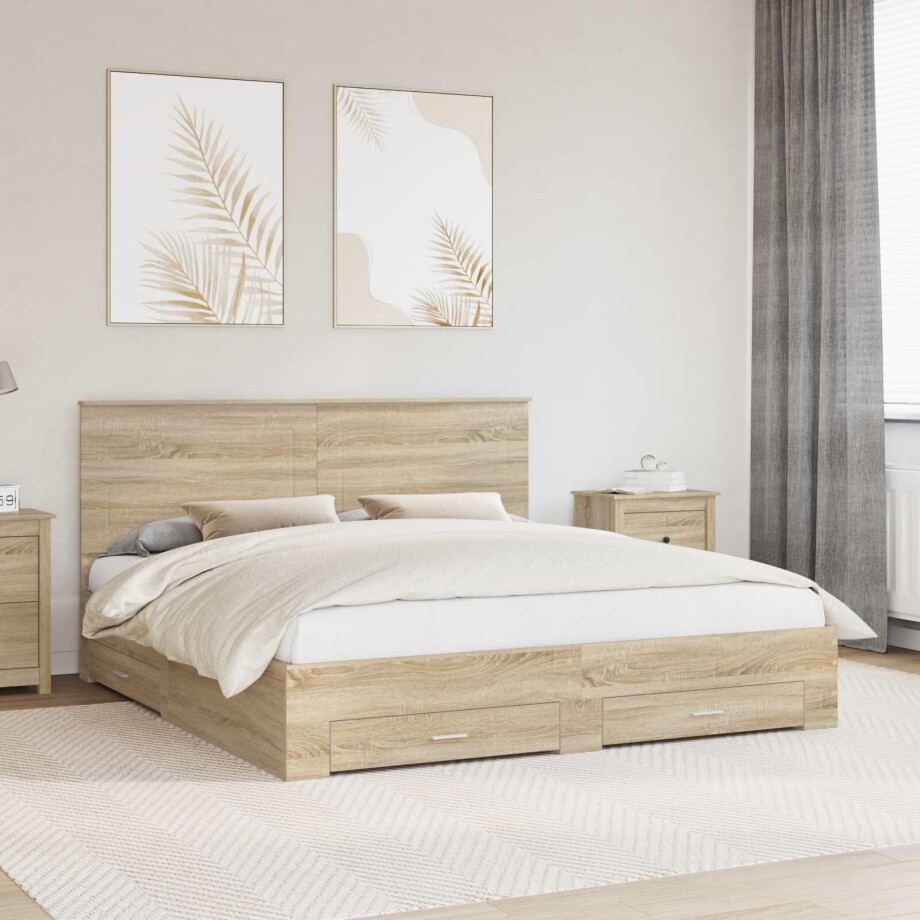 vidaXL Bedframe met hoofdeinde Sonoma Eiken 200 x 200 cm Bewerkt hout afbeelding 1