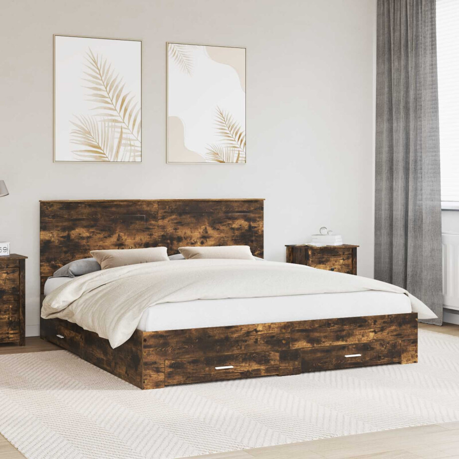 vidaXL Bedframe met hoofdeinde Gerookt eiken 200 x 200 cm Bewerkt hout vidaXL Bedframe met hoofdeinde Gerookt eiken 200 x 200 cm Bewerkt hout afbeelding 1
