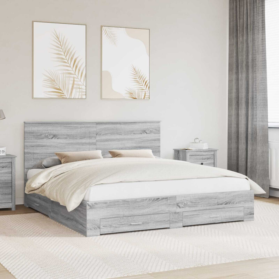 vidaXL Bedframe met hoofdeinde Grijs Sonoma 200 x 200 cm Bewerkt hout afbeelding 1