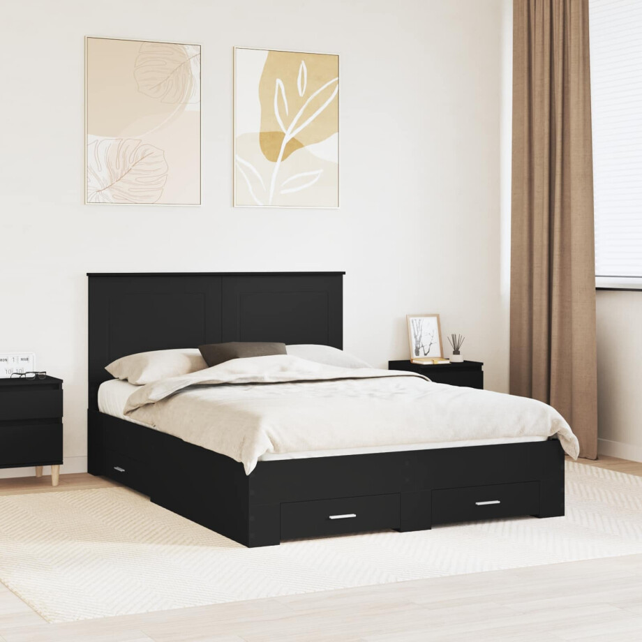 vidaXL Bedframe met hoofdeinde Zwart 140 x 190 cm Bewerkt hout afbeelding 1