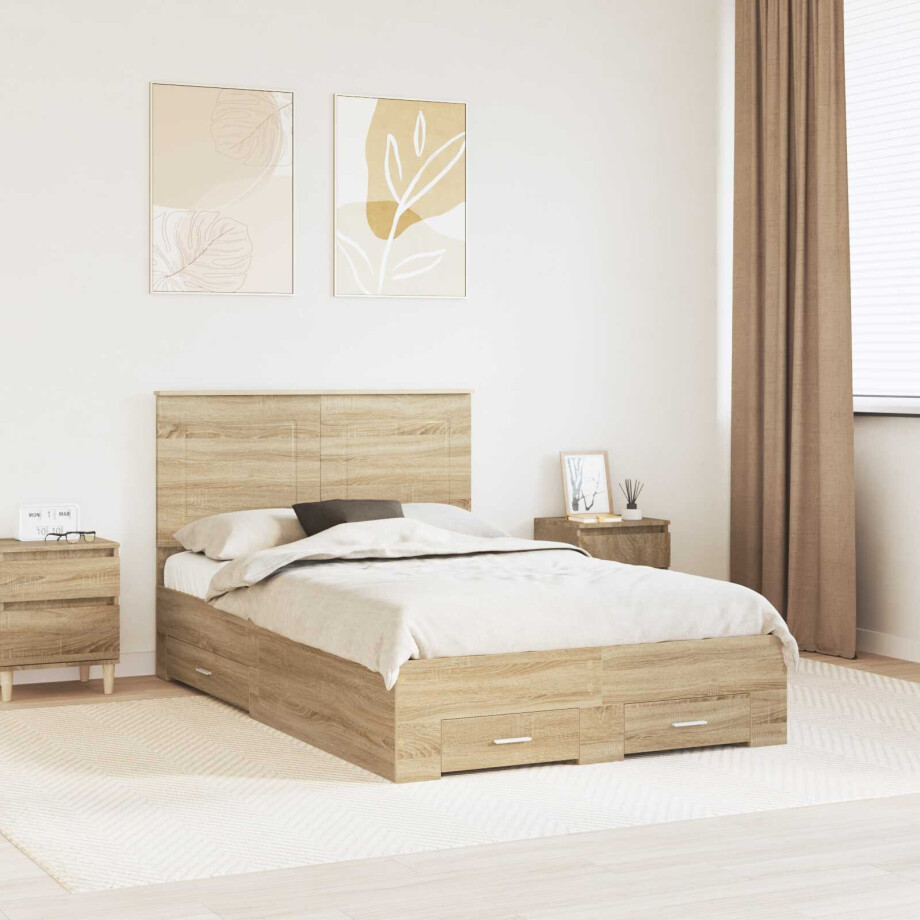 vidaXL Bedframe met hoofdeinde Sonoma Eiken 120 x 200 cm Bewerkt hout afbeelding 1