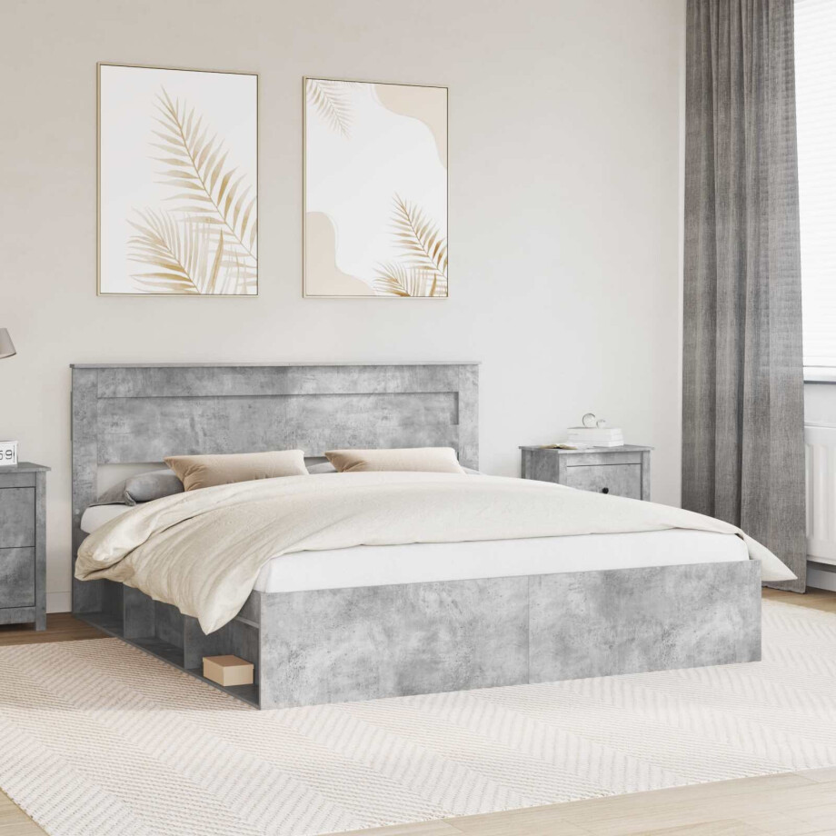 vidaXL Bedframe met hoofdeinde Beton 200 x 200 cm Massief grenenhout afbeelding 1