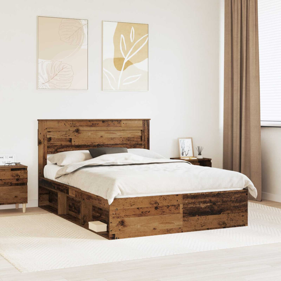 vidaXL Bedframe met hoofdeinde Oudhout 140 x 190 cm Massief grenenhout afbeelding 1
