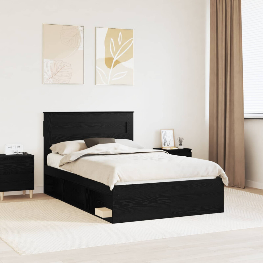 vidaXL Bedframe met hoofdeinde Zwart 135 x 190 cm Massief grenenhout afbeelding 1