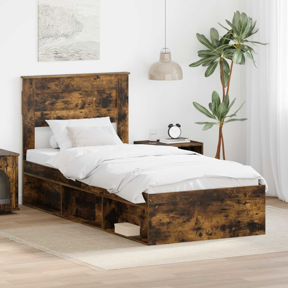 vidaXL Bedframe met lade Gerookt eiken 90 x 200 cm Massief grenenhout vidaXL Bedframe met lade Gerookt eiken 90 x 200 cm Massief grenenhout afbeelding 1