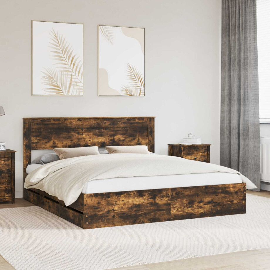 vidaXL Bedframe met lade Gerookt eiken 200 x 200 cm Ingenieurshout afbeelding 1