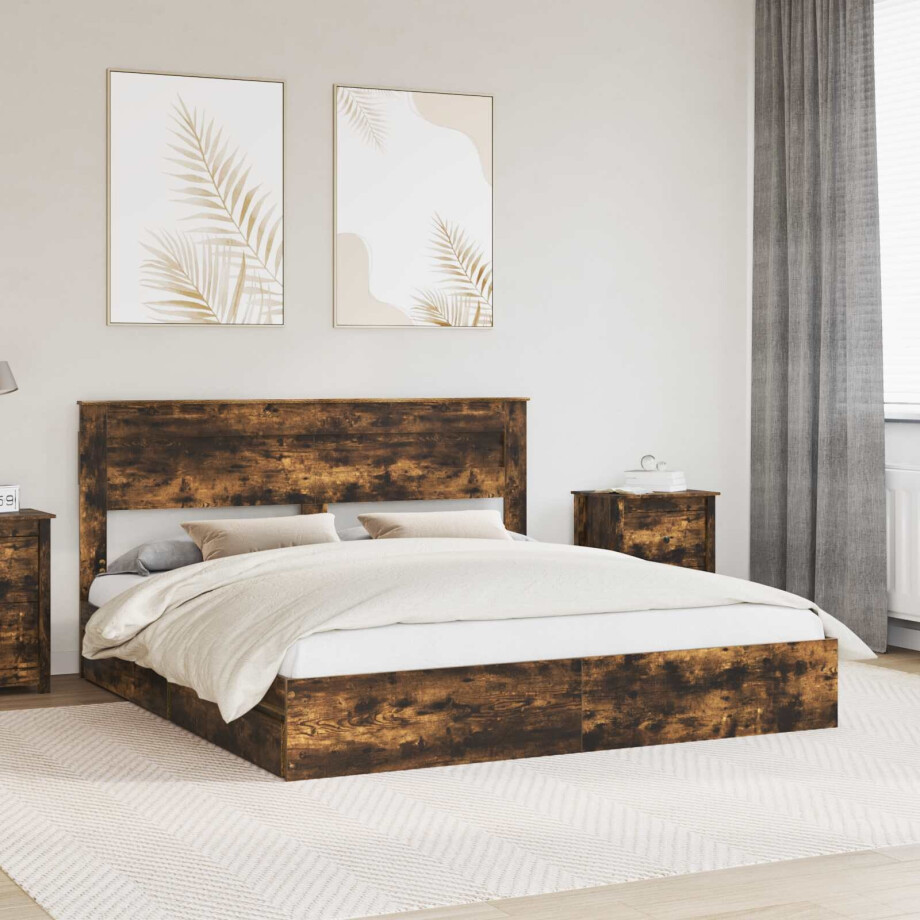 vidaXL Opslag bed met lade Gerookt eiken 180 x 200 cm Bewerkt hout afbeelding 1