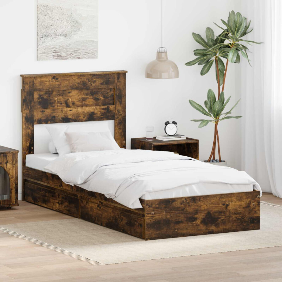 vidaXL Opslag bed met lade Gerookt eiken 90 x 190 cm Bewerkt hout vidaXL Opslag bed met lade Gerookt eiken 90 x 190 cm Bewerkt hout afbeelding 1