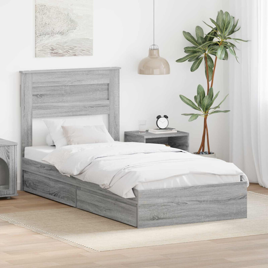 vidaXL Opslag bed met hoofdeinde Grijs Sonoma 90 x 190 cm Bewerkt hout afbeelding 1