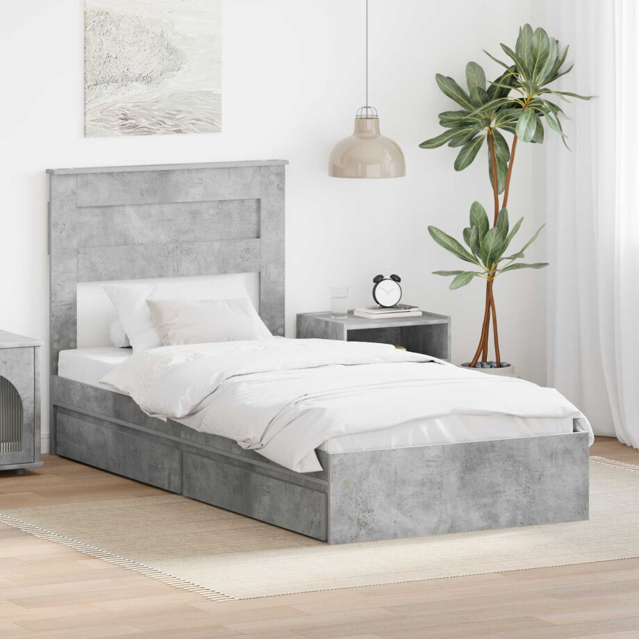 vidaXL Opslag bed met hoofdeinde Beton Grijs 90 x 200 cm Bewerkt hout afbeelding 1