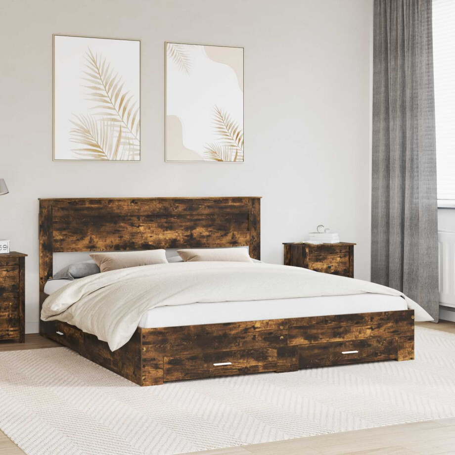 vidaXL Bedframe met hoofdeinde Gerookt eiken 200 x 200 cm Bewerkt hout afbeelding 1