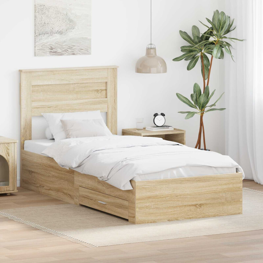 vidaXL Bedframe met hoofdeinde Sonoma Eiken 90 x 200 cm Bewerkt hout afbeelding 1